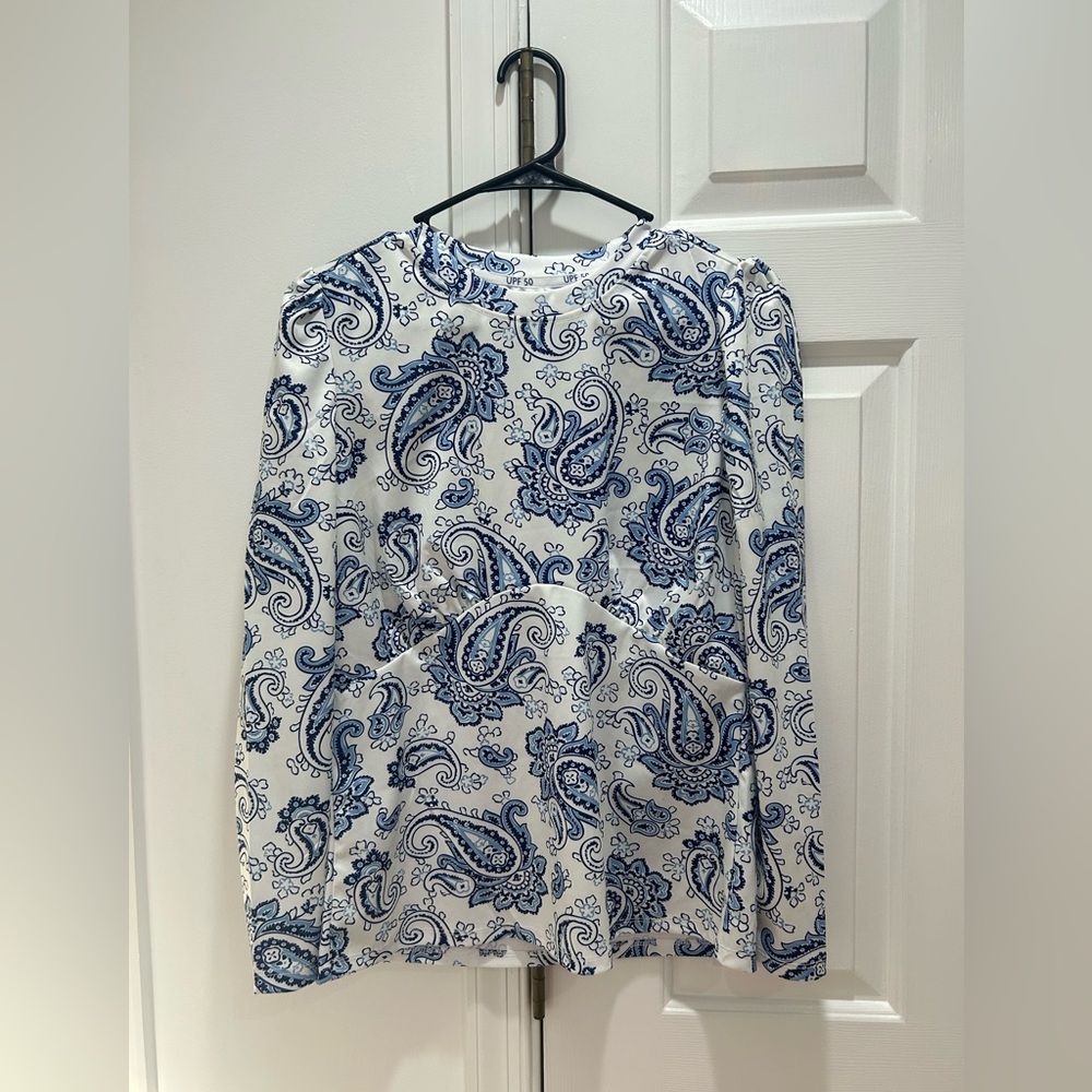 Women's SPF 50 White Long-Sleeve Tee with Blue Paisley Pattern